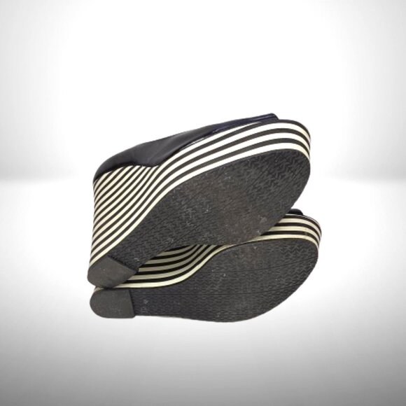 Michael Kors Black Leather Striped Peep Toe Platform Wedge Size: 7.5 - Picture 8 of 10